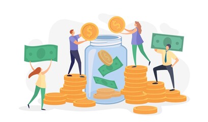 Flat people throwing money, bills and coins into glass jar. Characters collect donations. Family or business savings in bank vector concept