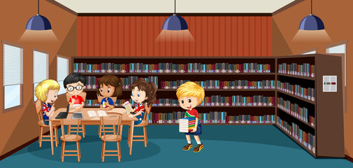 Poster - School library interior with children group