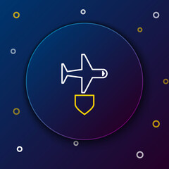 Sticker - Line Plane with shield icon isolated on blue background. Flying airplane. Airliner insurance. Security, safety, protection, protect concept. Colorful outline concept. Vector