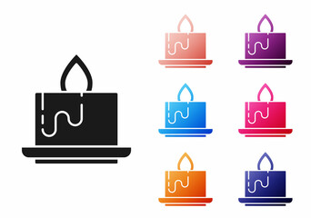 Sticker - Black Aroma candle icon isolated on white background. Set icons colorful. Vector