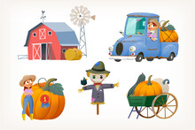 Collection Of Images From Pumpkin Farm. Old Rusty Pickup. Girl Farmer, Cart With Vegetables And Classic Red Barn. Isolated Vector Illustrations