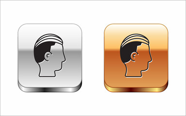 Sticker - Black Hairstyle for men icon isolated on white background. Silver and gold square buttons. Vector