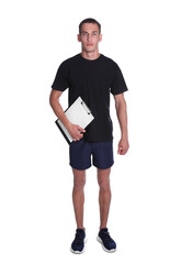 Wall Mural - Portrait of personal trainer with clipboard on white background. Gym instructor