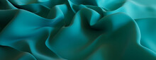 Teal Fabric With Wrinkles And Folds. Colorful Luxury Surface Banner.
