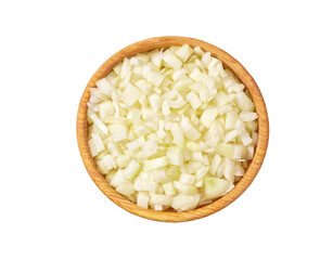 Wall Mural - chopped onions in a wooden bowl isolated on white background, top view.