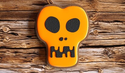 Sticker - Halloween skull cookie on wooden background - 3D illustration