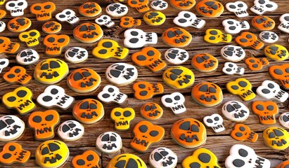 Wall Mural - Halloween skull cookies on wooden background - 3D illustration