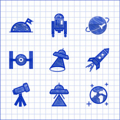 Wall Mural - Set UFO flying spaceship, Earth globe, Rocket with fire, Telescope, Cosmic, Planet and flag icon. Vector