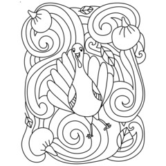 Thanksgiving coloring page, funny turkey, pumpkins and leaves with ornate patterns