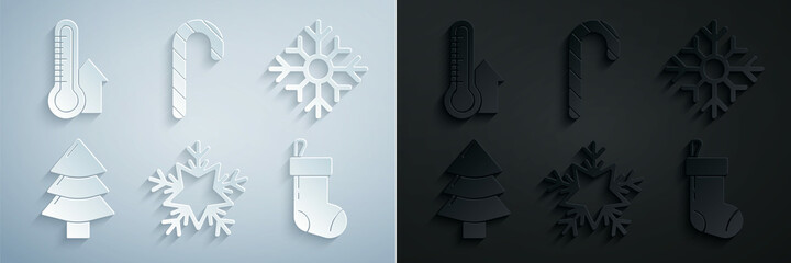 Wall Mural - Set Snowflake, Christmas tree, stocking, candy cane with stripes and Meteorology thermometer measuring icon. Vector