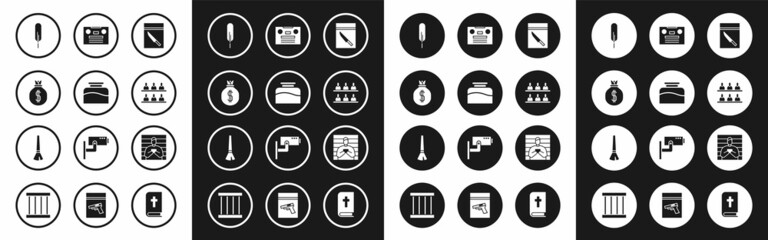 Sticker - Set Evidence bag and knife, Inkwell, Money, Feather pen, Jurors, Retro audio cassette tape, Suspect criminal and Paint brush icon. Vector