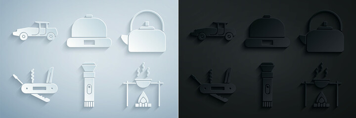 Poster - Set Flashlight, Kettle with handle, Swiss army knife, Campfire pot, Beanie hat and Car icon. Vector