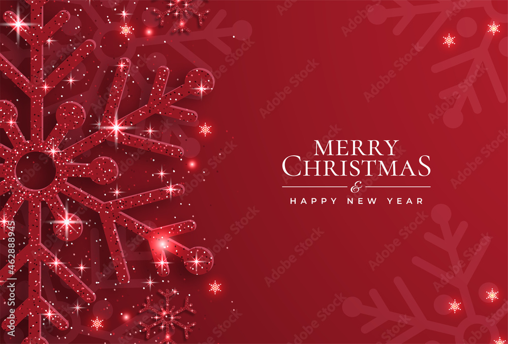 Christmas background with shining red snowflakes and snow. Merry ...