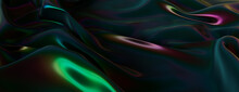 Dark Banner With Colorful Neon Highlights. Undulations And Swirls Create A Wavy Liquid Texture.