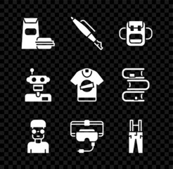 Poster - Set Burger, Fountain pen nib, School backpack, Nerd geek, Virtual reality glasses, Pants with suspenders, Robot and T-shirt icon. Vector