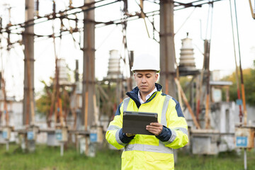 Energy engineer man in special clothes inspects a power line using data from electric sensors on a digital tablet computer. Electrical engineer with high voltage electricity pylon