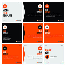 Microblog Carousel Slides Template For Instagram. Nine Pages With Flat Background And Orange, Black Soft Grey Colors Theme.