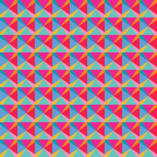 Multicoloured Geometric Triangle Divided Pyramid Style SVG Vector Repeat Tile Wallpaper Pattern In Blue Turquoise Green Yellow Orange Red Magenta And Pink. File Is Grouped For Ease Of Colour Change
