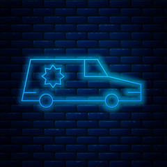 Canvas Print - Glowing neon line Hearse car icon isolated on brick wall background. Vector