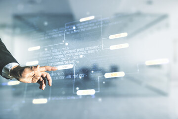 Aufkleber - Multi exposure of man hand presses on abstract software development hologram on blurred office background, research and analytics concept