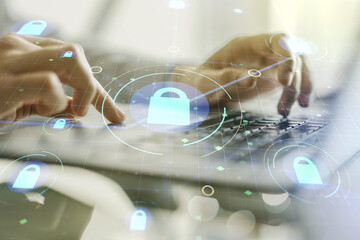 Aufkleber - Creative lock sketch with chip hologram and hands typing on computer keyboard on background, protection of personal data concept. Multiexposure