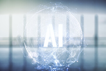 Aufkleber - Creative artificial Intelligence symbol hologram on modern interior background. Double exposure