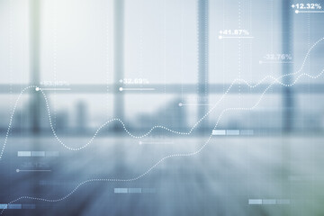 Poster - Abstract virtual stats data hologram on empty corporate office background. Multiexposure