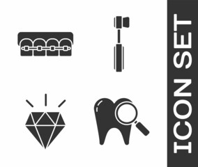 Poster - Set Dental search, Teeth with braces, Diamond teeth and Toothbrush icon. Vector