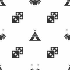 Canvas Print - Set Indian headdress with feathers, teepee or wigwam and Game dice on seamless pattern. Vector