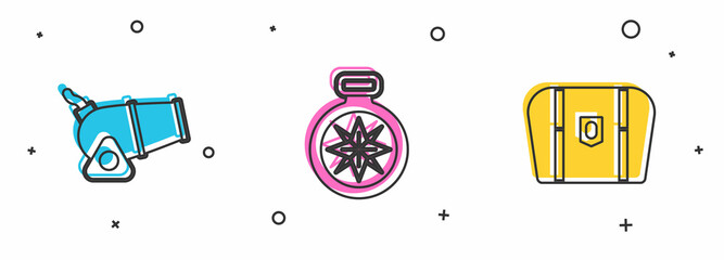 Sticker - Set Cannon, Compass and Antique treasure chest icon. Vector