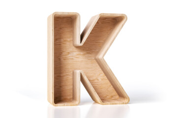 3D wood letter K in the shape of an open box. Interior design diy concept. High quality 3D rendering.