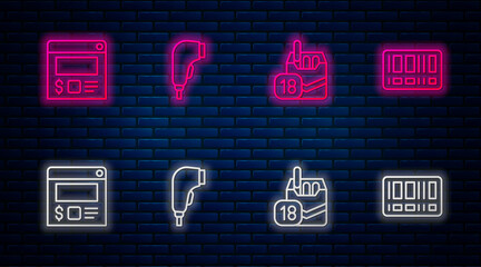 Sticker - Set line Scanner scanning bar code, Cigarettes pack box, Online ordering and delivery and Barcode. Glowing neon icon on brick wall. Vector