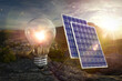 Bulb and solar panels on sunset background 3d illustration 