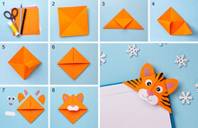 Step-by-step Photo Instruction On How To Make A Bookmark In The Form Of An Orange Tiger Out Of Paper With Your Own Hands. The Symbol Of The New Year 2022. Simple Crafts With Children. Origami