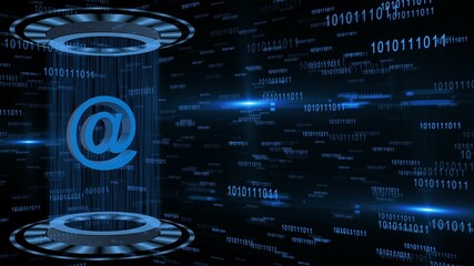 Poster - Abstract 3D graphic illustration on blue digital background - shining light beam in cylinder shape with floating at sign between circular HUD elements - internet and information technology concept