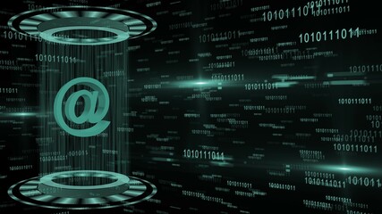 Poster - Abstract 3D graphic illustration on turquoise digital background - shining light beam in cylinder shape with floating at sign between circular HUD elements - internet or information technology concept