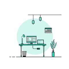 Working table flat design, Concept of working desk and work from home interior with furniture.