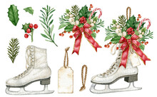 Vintage Christmas White Ice Skates,watercolor Floral Sketes,winter Holiday Essentials,rustic Ice Skates Decor ,traditional Xmas,winter Bouquet,candy Cane, Red Berries, Holly Leaves,tag Lable