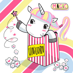 Wall Mural - Cute unicorn girl with a scepter in popcorn box illustration vector.