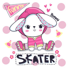 Cute little bunny girl in pink hoodie with roller skates on polka dot background illustration vector, T-shirt design for kids.