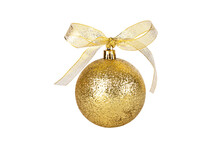 Glitter Gold Christmas Ornament With Golden Ribbon Isolate