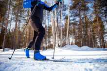 Close-up Athlete Is Racing On Winter Cross Country Skiing
