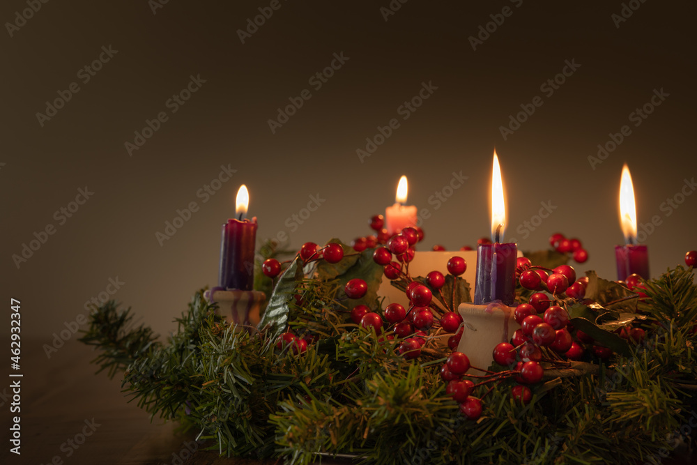 Advent wreath with four candles lit with copy space Stock Photo | Adobe ...