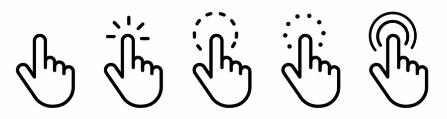 Poster - Computer mouse click cursor gray arrow icons set. Clicking cursor, pointing hand clicks and waiting loading icons.Hand icon design. Pointer click icon. loading icon.Vector illustration.