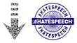 © imagecatalog - Geometric mosaic send down, and #Hatespeech scratched seal print. Blue stamp seal has #Hatespeech caption inside round form. Vector send down mosaic is formed of different round, triangle,
