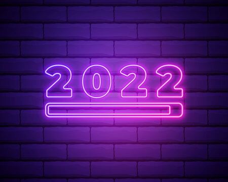 2022 neon signboard. Happy New Year. Realistic pink neon numbers on dark brick wall. Vector 2022 in neon linear style.