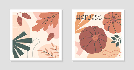 Wall Mural - Set of autumn harvest fest abstract decorative prints with pumpkins,organic various shapes and lettering.Modern local food fest design.Agricultural fair.Trendy fall seasonal vector illustrations.