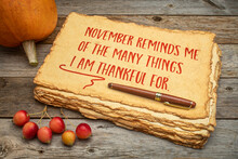 November Reminds Me Of The Many Things I Am Grateful For - Inspirational Words For Thanksgiving, Handwriting On A Handmade Paper With A Pumpkin And Crab Apples