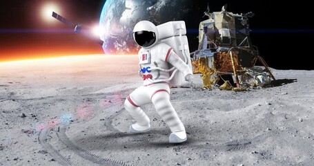 Wall Mural - astronaut making karate moves on planet surface. planet earth on background. space and technology re
