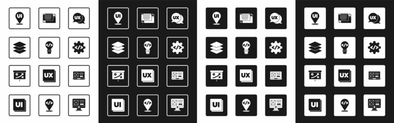 Set UI or UX design, Front end development, Layers, and Planning strategy concept icon. Vector